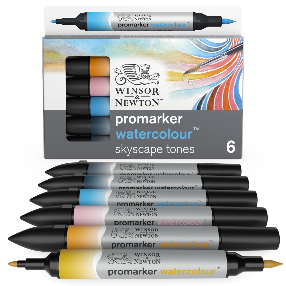 Winsor & Newton Promarker Watercolour Graphic Drawing Set of 6 Markers Skyscape Tones